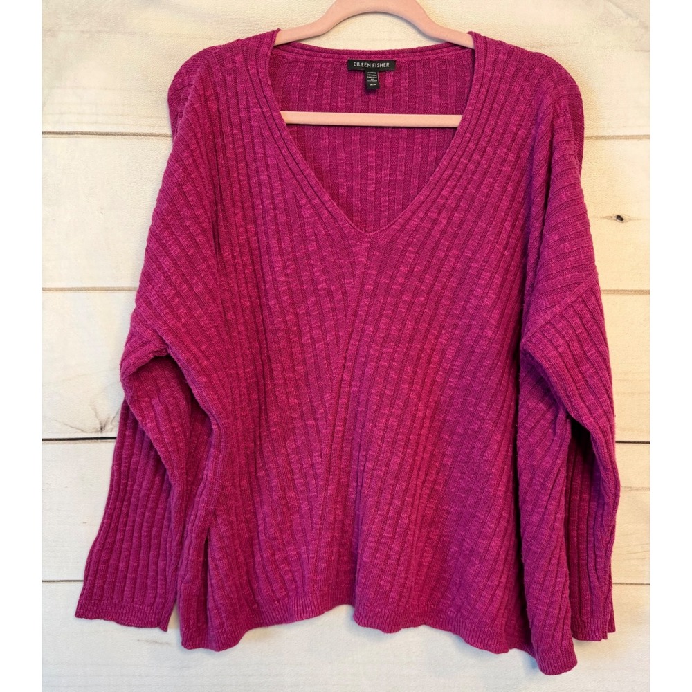 Eileen Fisher Magenta Pink Organic Linen Cotton Ribbed V-Neck Sweater Medium